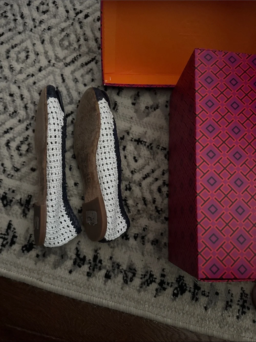 Tory Burch Navy & White Crochet Ballet Flats with Logo Medallion